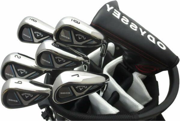 A set of Callaway Edge golf irons in a bag with an Odyssey-branded cover, designed for golfing performance