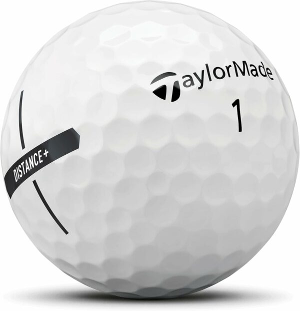 Close-up of a TaylorMade Distance+ golf ball featuring the number 1, branded text, and a dimpled surface for enhanced performance.