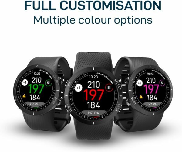 Shot Scope golf GPS watches showcasing distances, club recommendations, and hazard warnings with customizable color display options