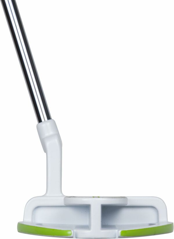 Close-up of a modern golf putter head featuring a sleek white and green color scheme, designed for precision putting on the green