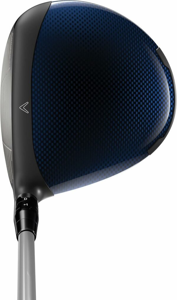 Close-up of a high-performance golf driver featuring a carbon fiber clubhead and adjustable hosel for customized loft and lie-angle settings