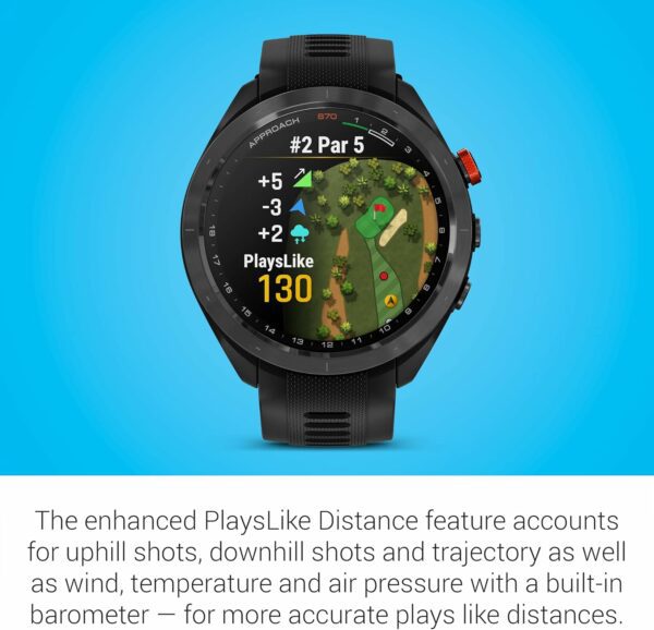 Garmin Approach S70 golf watch displaying PlaysLike Distance for hole 2, a Par 5, with advanced golf course mapping and shot adjustments for elevation, wind, and other conditions.