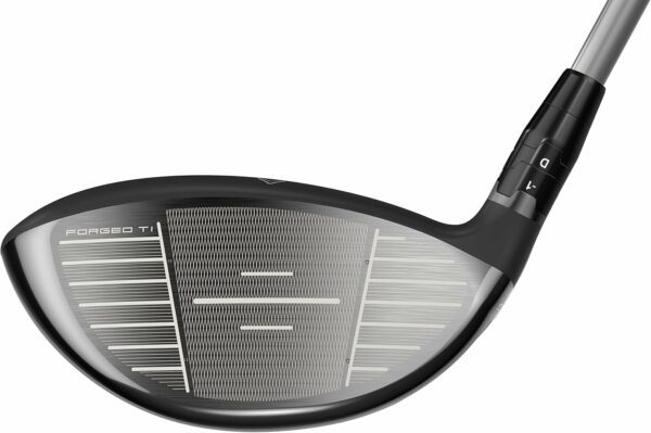 Close-up of a forged titanium golf driver featuring alignment markings, textured clubface, and adjustable hosel for loft and angle customization