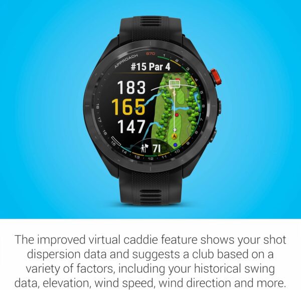 Golf smartwatch showing hole map, yardages, and virtual caddie club recommendations using wind and elevation data