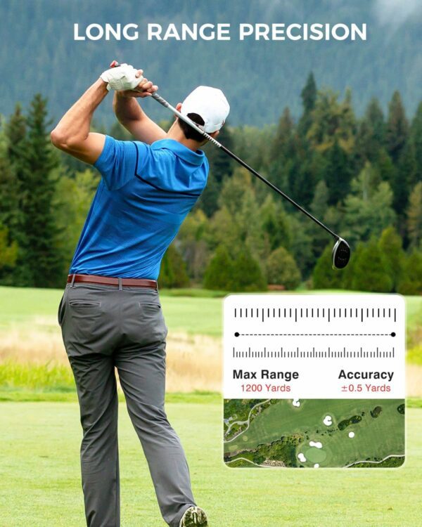 Golfer using a golf range finder with forested landscape in the background and overlay showing max range of 1200 yards and ±0.5 yard accuracy