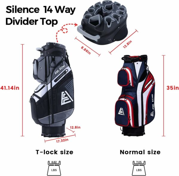 Two golf bags compared side-by-side; left is a T-lock design with a 14-Way Divider Top and right is a standard golf bag with basic features