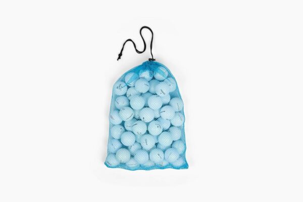 Mesh bag containing multiple white plastic ping pong balls used for games or activities