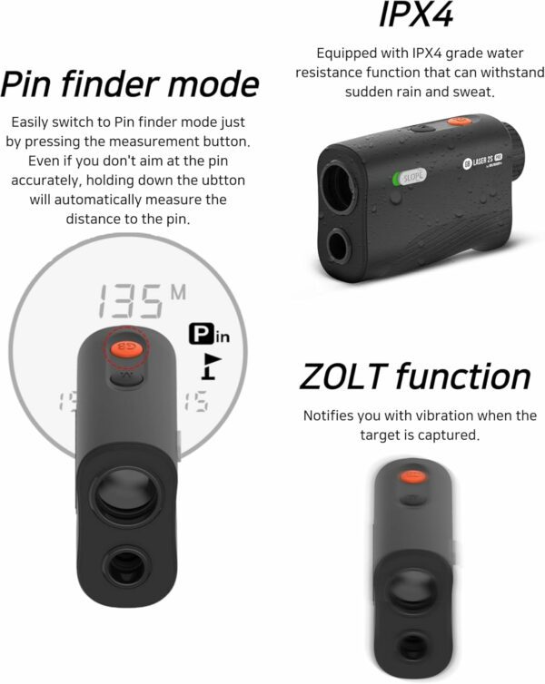 Compact golf rangefinder with pin finder mode, water-resistant IPX4 rating, and ZOLT vibration function for precise distance measurement.