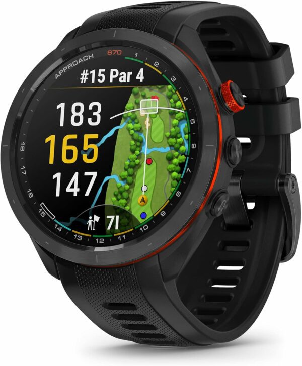 Garmin Approach S70 golf smartwatch showing course details, hole layout, yardages, and hazards on its display with a black perforated band