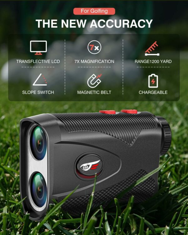 Compact golf rangefinder with 7x magnification, slope switch, 1200-yard range, magnetic belt attachment, and rechargeable design for accurate golfing