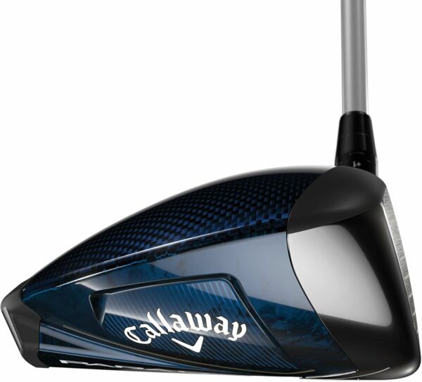 Close-up of a Callaway golf driver head featuring aerodynamic design and carbon fiber top for enhanced performance