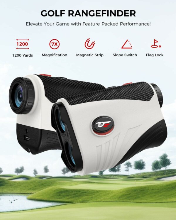 Golf rangefinder with 1200 yards range, 7x magnification, magnetic strip, slope switch, and flag lock feature, displayed on a golf course