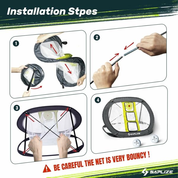 Instructional guide showcasing the setup process of a SAPLIZE pop-up golf chipping net, including unfolding, assembly, and securing steps.