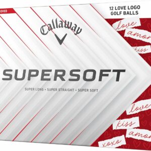 Box of Callaway Supersoft Love Logo Golf Balls featuring 12 golf balls with love-themed words and heart illustrations