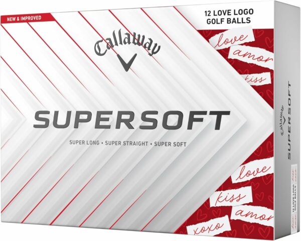 Box of Callaway Supersoft Love Logo Golf Balls featuring 12 golf balls with love-themed words and heart illustrations