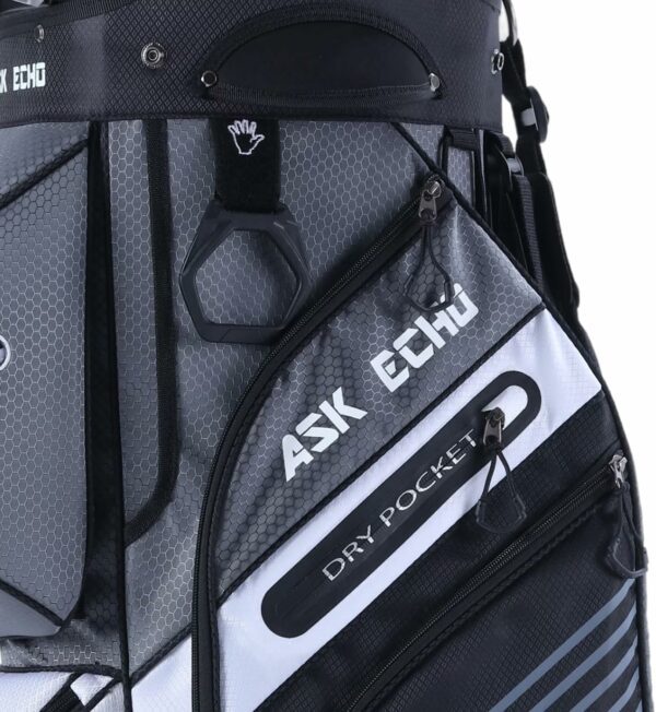 Close-up of a golf bag featuring hexagonal patterns, ASK ECHO and DRY POCKET logos, zippers, and accessory loops