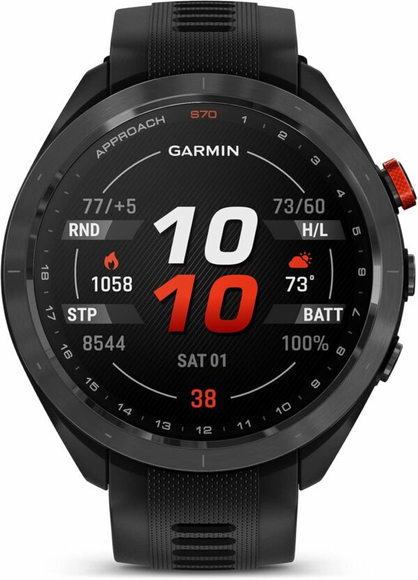 Garmin Approach S70 smartwatch with a black circular display showing time, golf stats, calories burned, steps, and weather updates