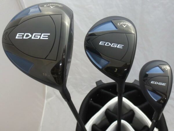 Callaway Edge golf clubs including 10.5° driver, 3-wood, and 5-hybrid in a golf bag for improved control and performance