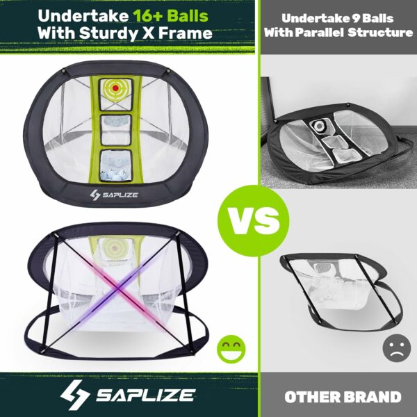 SAPLIZE golf chipping practice net with sturdy X-frame supporting 16+ balls compared to another brand's parallel structure with 9-ball capacity