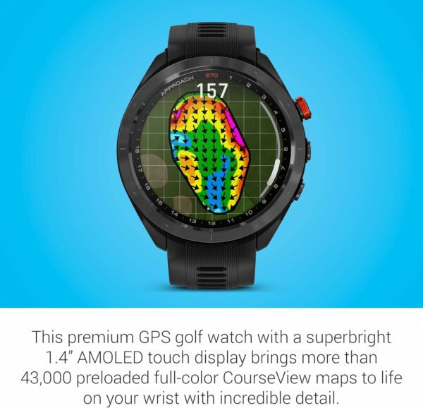 Garmin Approach S70 GPS golf watch displaying a high-resolution golf course green map with elevation data on its 1.4-inch AMOLED touch screen