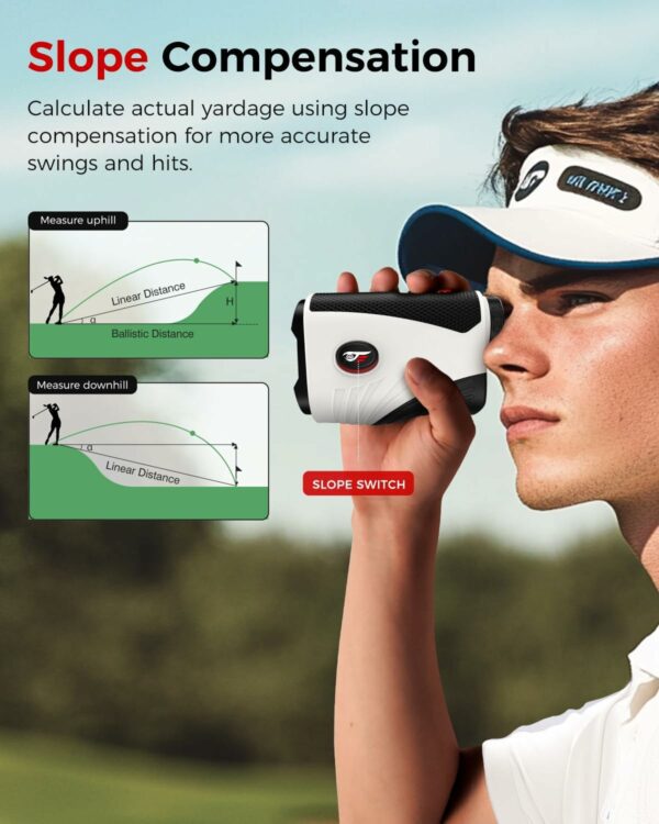 Golf rangefinder featuring slope compensation for calculating true yardage on uphill or downhill shots, with a slope switch for enhanced accuracy