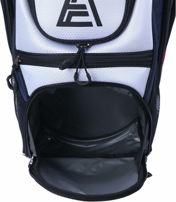 Open insulated compartment of a backpack designed for food, drinks, or wet item storage with zippers and logo