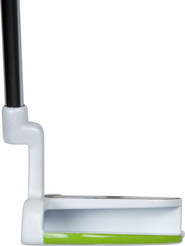 Close-up of a white and green golf putter head with a flat striking face, designed for accurate shots on the green