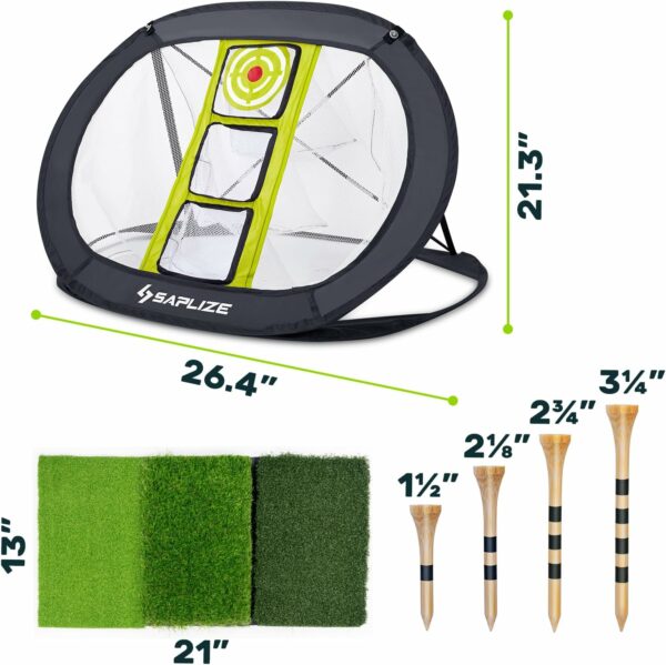 Golf training equipment featuring a SAPLIZE portable target practice net, artificial turf mats, and wooden golf tees in various sizes