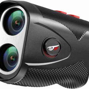 Laser rangefinder device featuring dual lenses, textured grip, and operational buttons for precise distance measurement, ideal for golfing and hunting