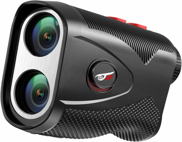 Laser rangefinder device featuring dual lenses, textured grip, and operational buttons for precise distance measurement, ideal for golfing and hunting