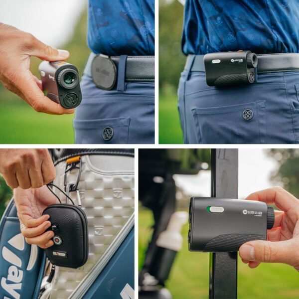 Close-up of a golf rangefinder with slope adjustment feature, shown in use, attached to a golfer’s belt, and stored in a protective case near a golf bag