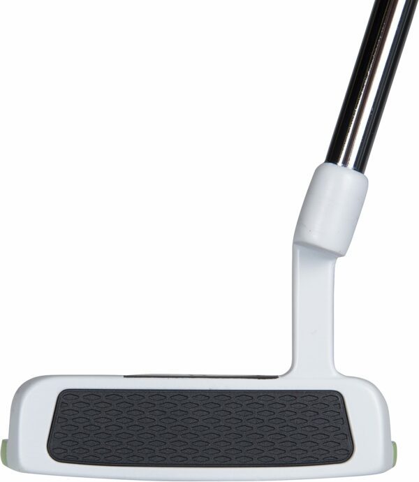 Close-up of a high-quality golf putter featuring a textured striking face, white body, and chrome shaft, ideal for precise strokes on the green.