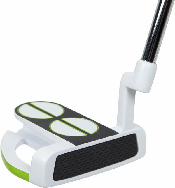 A modern mallet-style golf putter featuring alignment aids and a textured face for improved putting accuracy