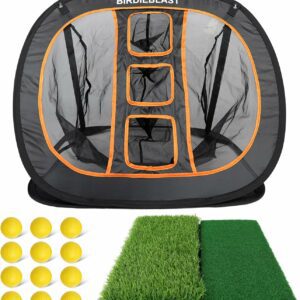 Golf training set featuring a chipping net with target holes, foam practice balls, and a dual-surface hitting mat for indoor or outdoor use