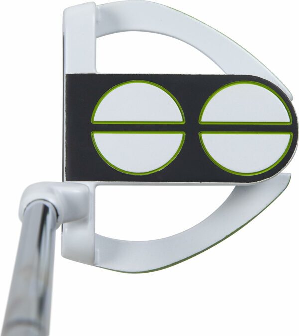 Mallet-style golf putter with contrasting alignment aid and circular shapes for precise aim and enhanced putting accuracy