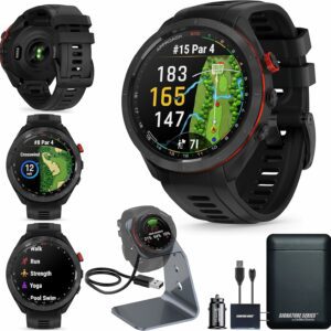 Smartwatch for golfing and fitness with course maps, distance tracking, and activity options like running, yoga, and swimming; includes charging accessories