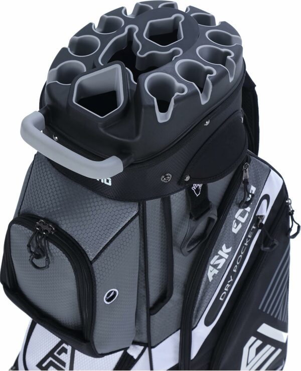 Sleek 14-way golf bag with individual club slots, zippered storage pockets, and a convenient top handle