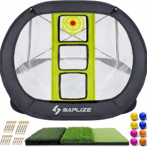 SAPLIZE golf practice set featuring a pop-up chipping net, brightly colored practice balls, turf mats simulating grass conditions, and golf tees