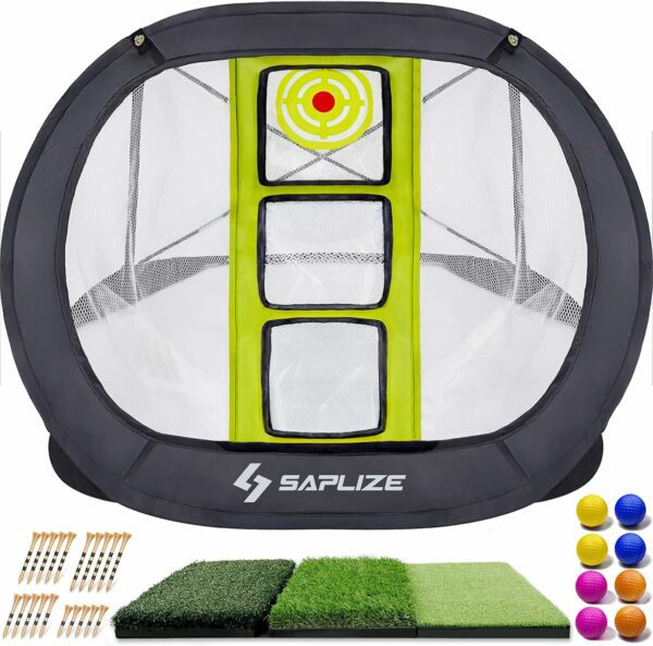 SAPLIZE golf practice set featuring a pop-up chipping net, brightly colored practice balls, turf mats simulating grass conditions, and golf tees