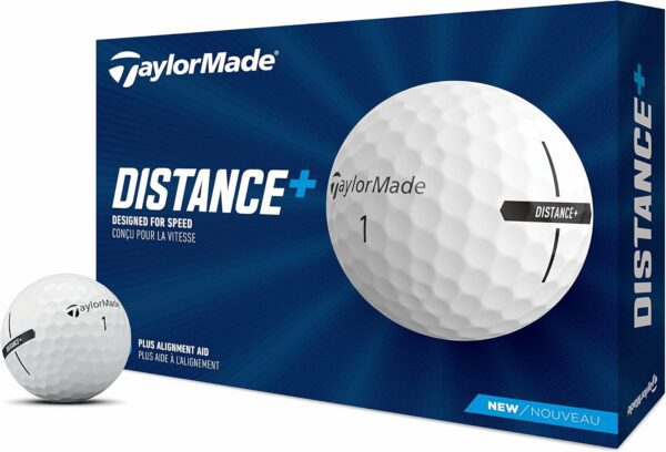 TaylorMade Distance+ golf balls featuring speed-optimized design and plus alignment aid for precision