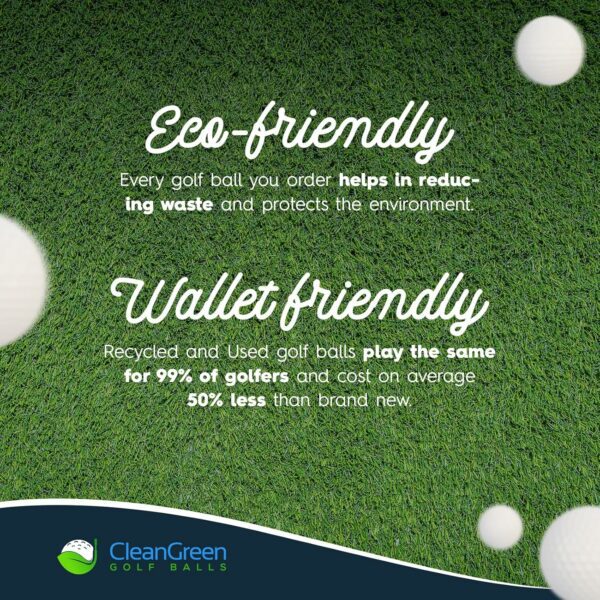 Advertisement for CleanGreen Golf Balls highlighting eco-friendly and wallet-friendly benefits with grassy background and golf balls