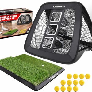 Golf training set featuring a double-sided chipping net, foam golf balls, and a dual-turf chipping mat for practicing short game skills