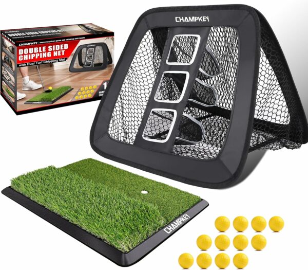 Golf training set featuring a double-sided chipping net, foam golf balls, and a dual-turf chipping mat for practicing short game skills