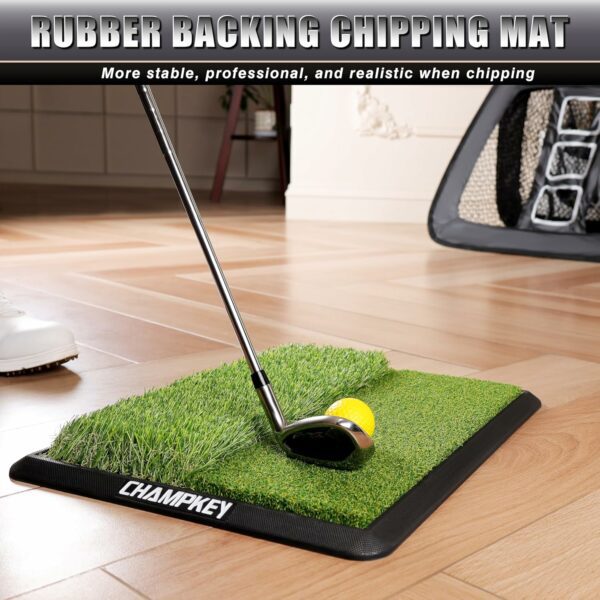 Champkey golf chipping mat with realistic grass, yellow ball, and practice target net setup for indoor golf training