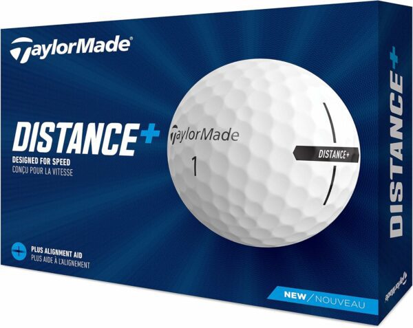 Box of TaylorMade Distance+ golf balls featuring speed-focused performance and alignment aid