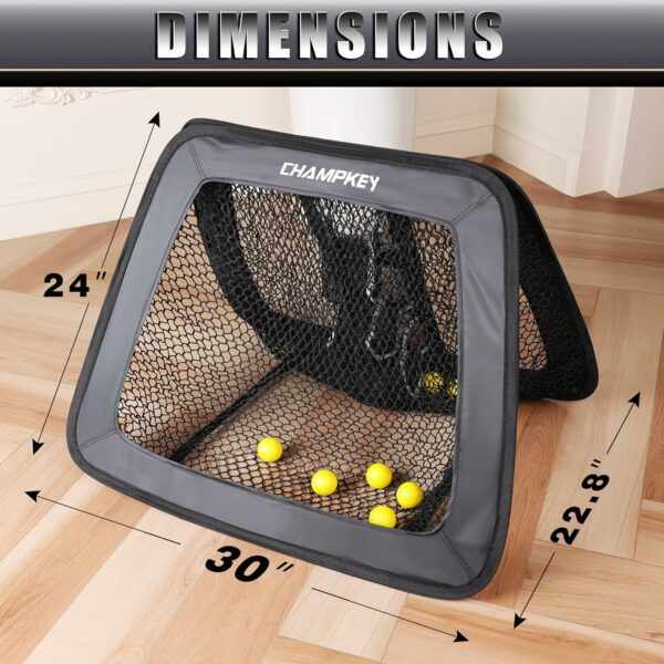 Champkey collapsible practice net for golf, measuring 24 inches tall, 30 inches wide, and 22.8 inches deep, with yellow practice balls inside on a wooden floor