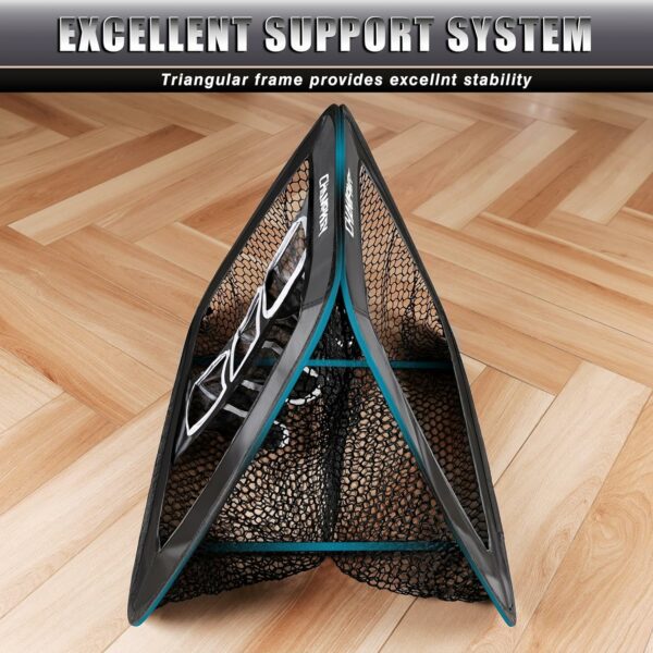 Triangular frame portable sports goal net with excellent support system on a wooden floor, ideal for soccer or hockey