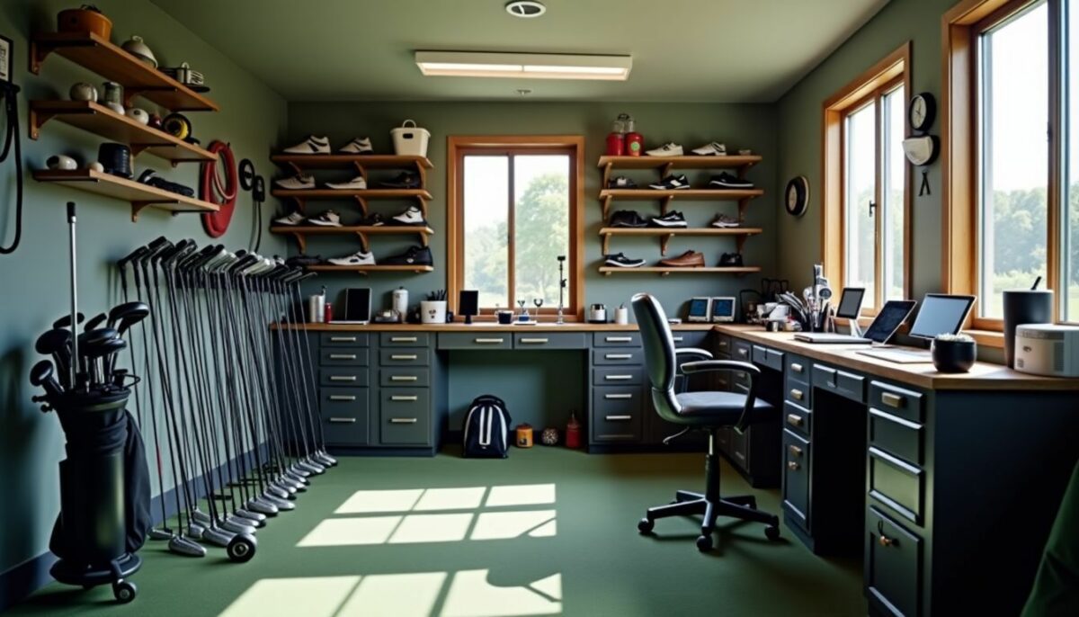 A well-organized golf equipment maintenance room with high-quality tools and gadgets.