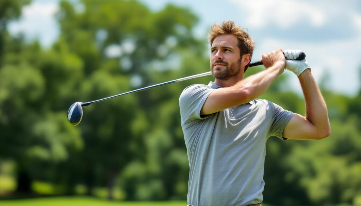 A mid-30s golfer in casual attire swings on a bright fairway. A mid-30s golfer in casual attire swings on a bright fairway.