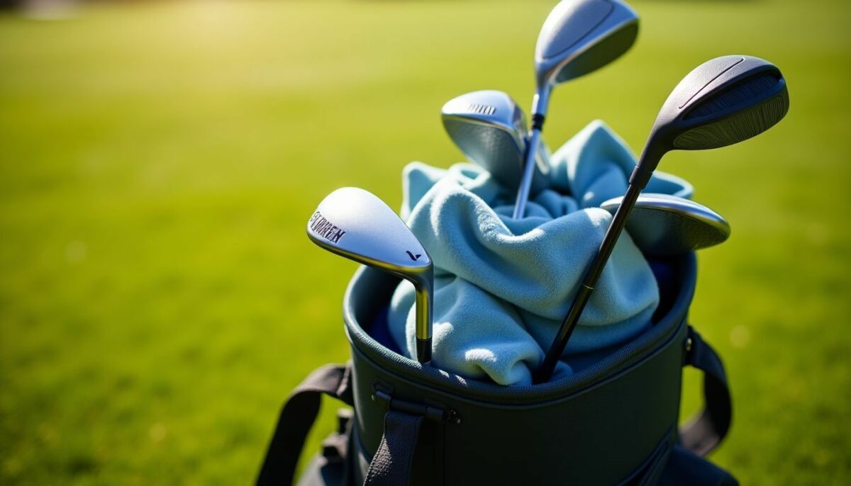 A golf bag filled with high-performance clothing, on a green fairway. A golf bag filled with high-performance clothing, on a green fairway.